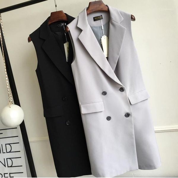 

2018 spring autumn new women vests long pockets double breasted sleeveless blazers jackets ladies waistcoat plus size 5xl1, Black;white