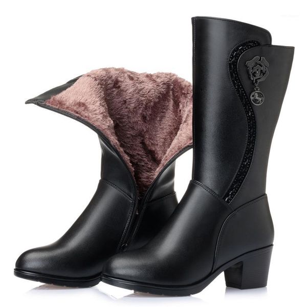 

agodor genuine leather boots fur fashion knee high boots women warm natural wool round toe winter snow1, Black