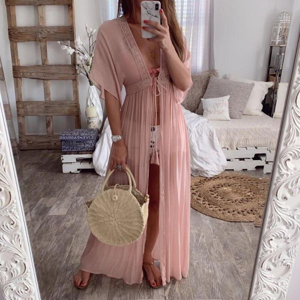 

women's sleepwear vacation robe boho chic long dress beach cardigan female summe solid vestidos wrap femme holiday party wear, Black;red