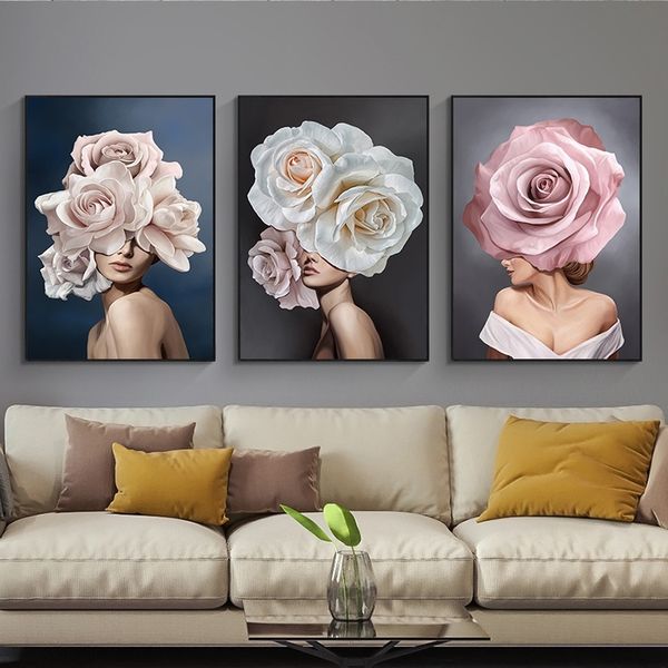 

pink white flower lady poster personality fashion abstract woman prints canvas art painting wall picture modern living room decor