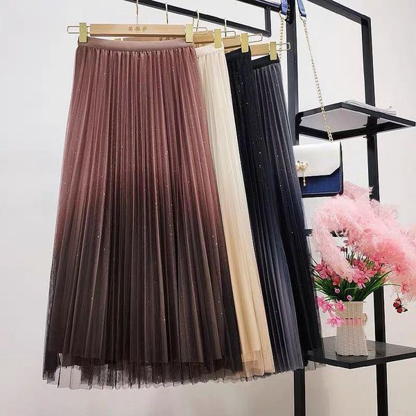 

two-side wear skirt gradient color gold velvet mesh skirt sequin women 's mid-length autumn and winter high waist a- line, Black