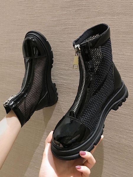 

women's shoes boots 2020 autumn new mesh mesh air front zipper motorcycle boots, Black