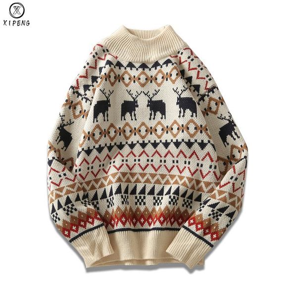 

men's sweaters christmas men sweater knitwear printed deer streetwear jersey pull homme half turtleneck vintage man, White;black
