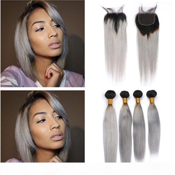

#1b grey ombre bundles and closure brazilian straight black and silver grey ombre weave human hair 4 bundles with lace closure piece 4x4&quo, Black;brown