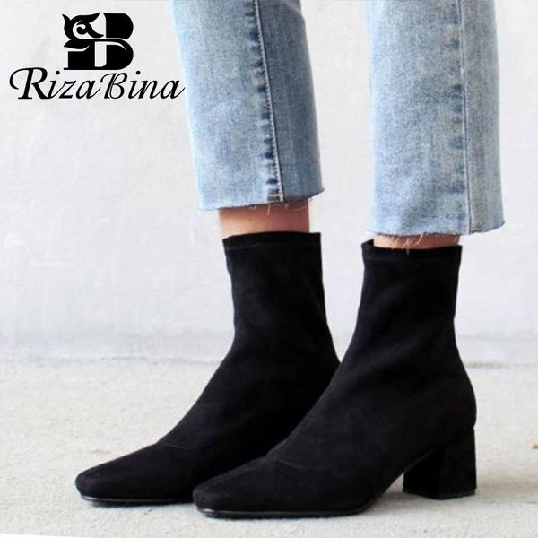 

RIZABINA Simple Office Lady Autumn Winter Ankle Boots Solid Color Mid Heel Stretch Boots High Quality Women Footwear Size 34-39, Black