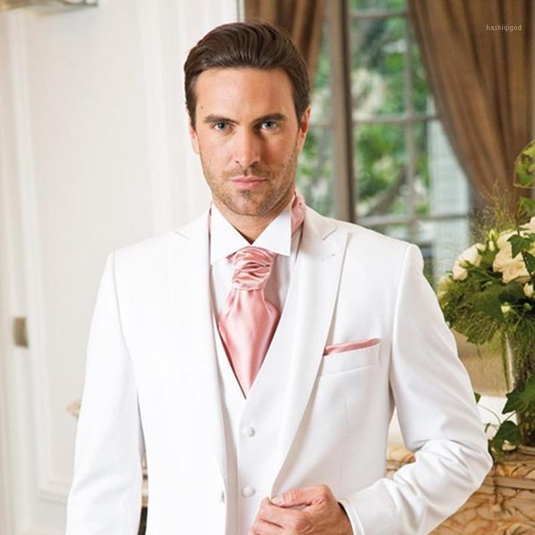 

2021 new arrival white wedding suits for men formal men suit peaked lapel grooms tuxedos groomsmen suit (jacket+pants+vest+tie)1, White;black