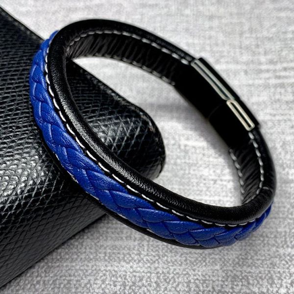 

fashion black blue leather bracelet men stainless steel magnetic buckle male wrist band charm bangles gifts, Golden;silver