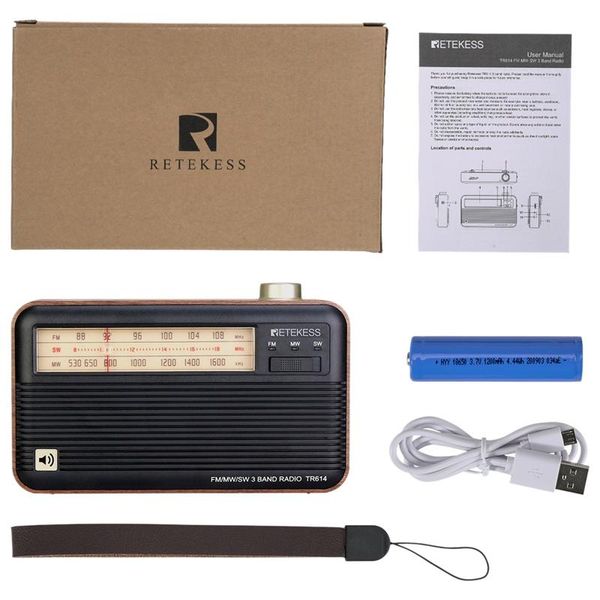 

radio tr614 wood grain retro older 3 band fm/mw/sw support 3.5mm headphone usb charging cable retractable antenna