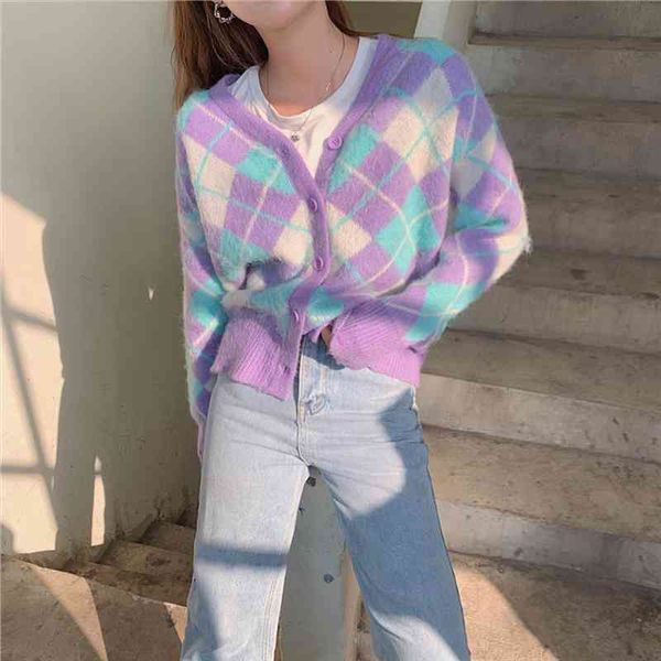 

lazy ins loose plaid sweater female korean harajuku womens sweaters japanese kawaii ulzzang vintage clothing for women, White;black