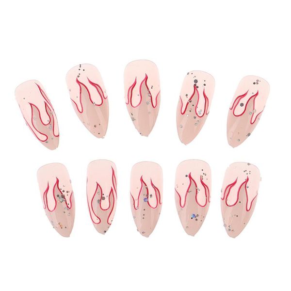 

false nails 24 pcs/set flame pattern fake short round head full cover with glue, Red;gold