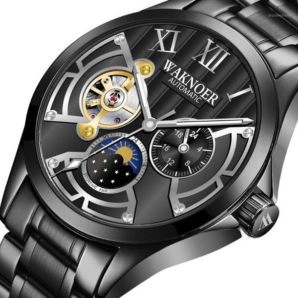 

waknoer 2020 business watch men automatic luminous clock male time tourbillon waterproof mechanical watches1, Slivery;brown