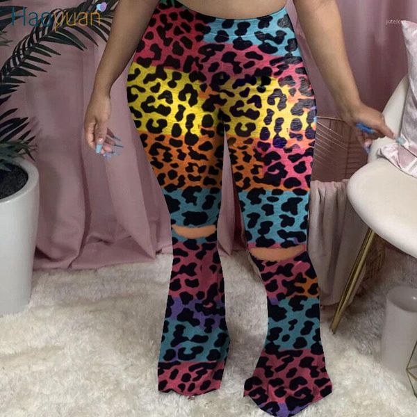 

haoyuan plus size leopard tie dye hole flare pants women fall joggers elastic leggings bodycon sweat pants bell bottom trouser1, Black;white