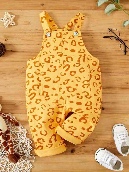 

baby leopard print patched pocket overalls she, Blue