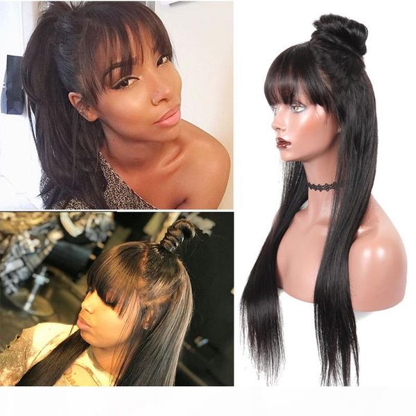 

360 frontal full lace human hair wigs with bangs virgin brazilian pre plucked long straight 360 lace front wig for black women, Black;brown
