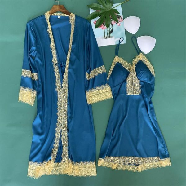 

spring lace trim satin silk cardigan nightdress bathrobe ladies bath robe underwear sleepwear mujer nightwear pajamas, Black;red