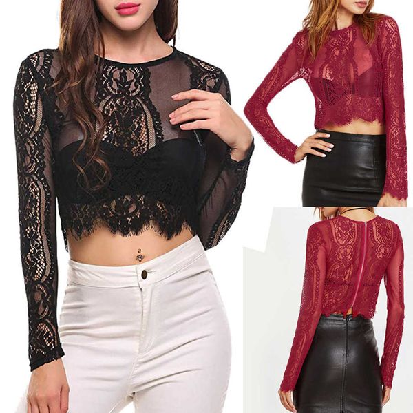 

women's long-sleeved 2020 ladies pure zipper mesh flower lace casual fashion t-shirt camisetas mujer, White