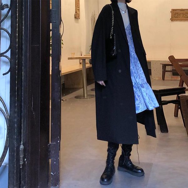 

women's trench coats windbreaker coat small autumn winter korean 2021 medium length temperament long sleeve loose suit, Tan;black