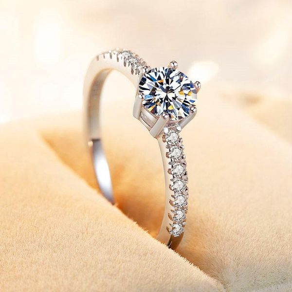 

cluster rings luxury female solitaire round zircon stone ring real 925 sterling silver wedding promise love engagement for women, Golden;silver