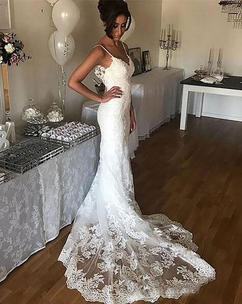 

white mermaid beach bridal gowns custom plus size applique sleeveless v-neck spaghetti lace vestidos de novia backless wedding dresses