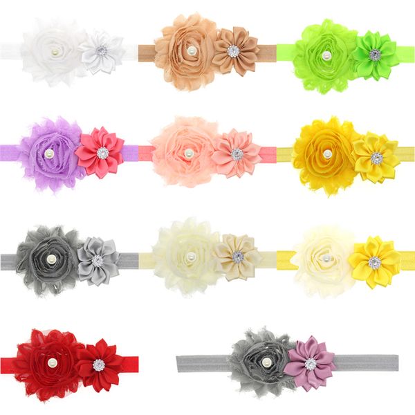 

cute baby headbands sunflowers infants kids elastic head bands shabby satin fabric hairbands girls rhinestone hair accessories for baby, Slivery;white
