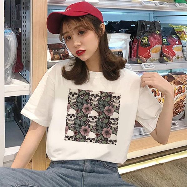 

kawaii horro skull and floewrs femal tshirt cartoon tees casual t shirt women harajuku short sleeve, White