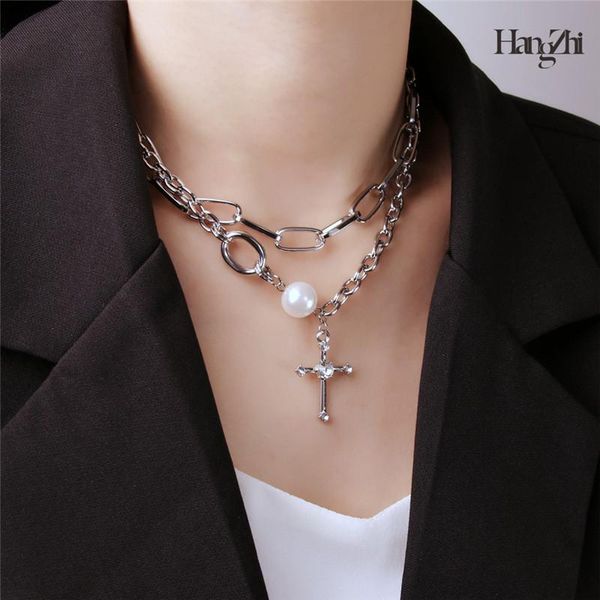 

chains double-layer cross clavicle chain women necklace jewelry net red ins cold wind fashion sweater stacking hangzhi 2021, Silver