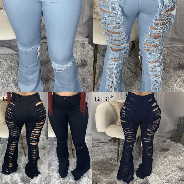 

liooil plus size high waist ripped flare jeans for women 2021 black blue skinny hole denim trousers bell bottoms jean pants y1214