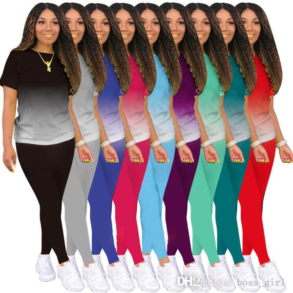 

plus size 3xl 4xl 5xl 2023 ladies clothes gradient tracksuits designer 2 piece pants set casual sports short sleeve t shirt leggings outfits, Gray