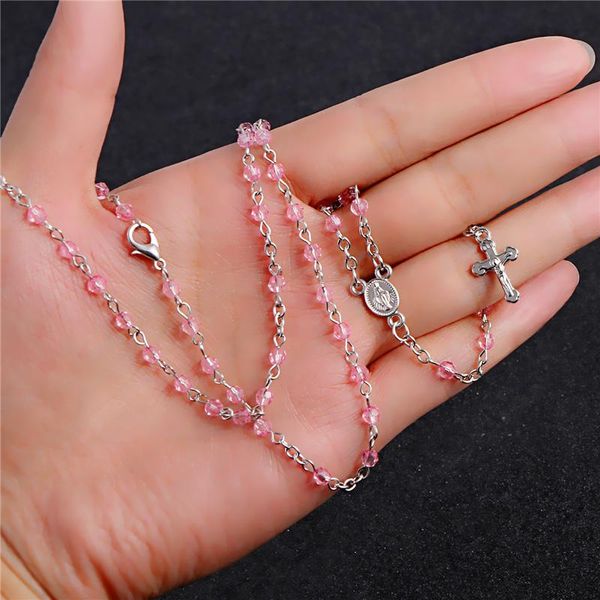 

komi sparkly cross pendant necklace long pink beads chain rosary madonna coin necklaces pendants religious jewelry, Silver