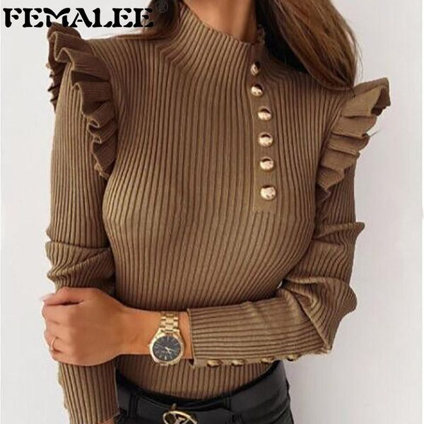 

femalee women winter knitted base shirt fashion ruffles long sleeves clothes button bodycon pullovers round collar knitwear, White;black