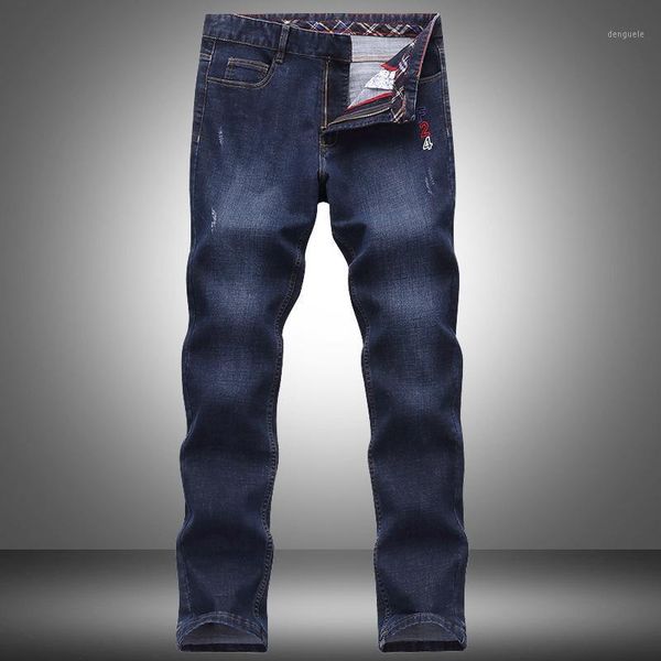 

2020 brand new fashion business solid thin casual pants slim elastic zipper mens classic straight denim male long trousers1, Blue