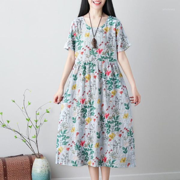 

vintage cotton linen large dress women summer slim high waist soft vestidos fashion elegant floral print bohemian beach dress1, White;black