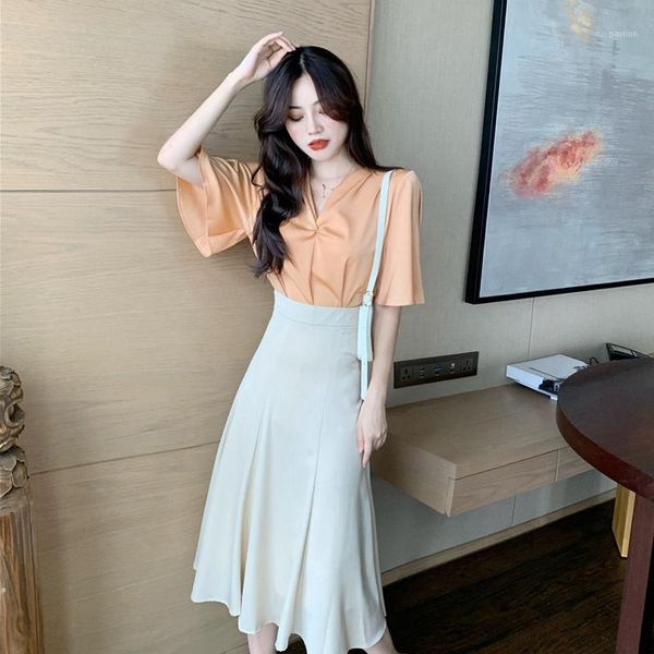 

fashion suit summer v-neck loose temperament short-sleeved high waist expandable skirt women's two-piece suit1, White;black