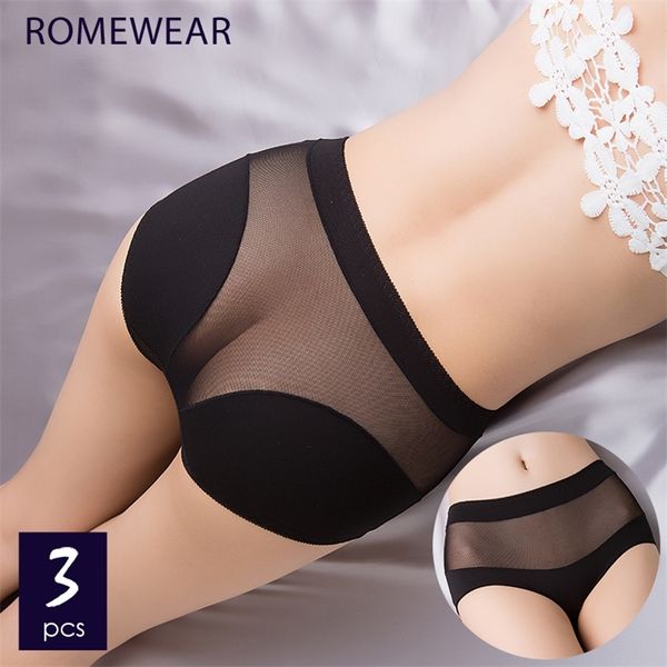 

3 pcs translucent cotton women's underwear lace see through panties female briefs elasticity underpants lingerie plus size 201112, Black;pink