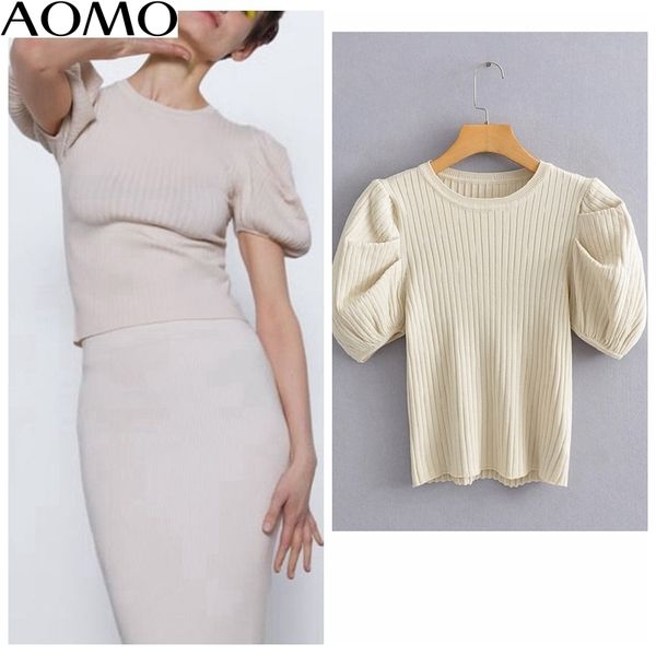 

aomo korea chic women summer sweater puff short sleeve vintage ladies knitted jumper ai03a y200720, White;black