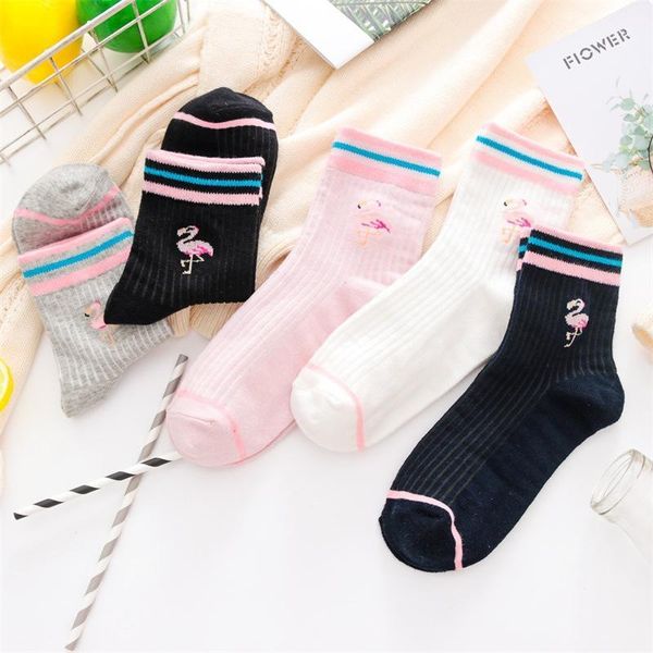 

japanese harajuku cute flamingos funny socks women kawaii animals embroidery skarpetki socks novelty cotton calcetines mujer1, Black;white