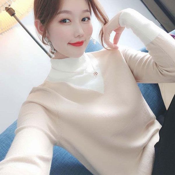 

women turtleneck sweater 2020 autumn winter long sleeve slim fake 2 piece pullover sweater casual patchwork bottoming knittwear, White;black