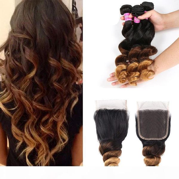 

ombre loose wave t1b 4 30# dark root brown blonde human hair bundles with lace closure colored peruvian hair weave with closure, Black;brown