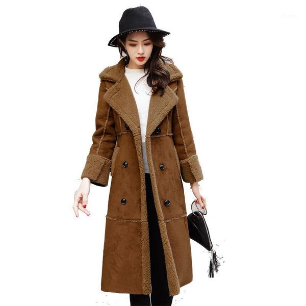 

winter long suede jacket women double breasted lamb wool windbreaker elegant slim fashion jacket coat abrigos mujer q4921, Tan;black