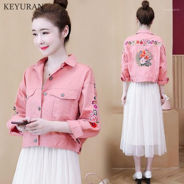 

women floral embroidery pink short denim jacket lady elegant single breasted slim basic jeans basic coat spring autumn outwear1, Black;brown