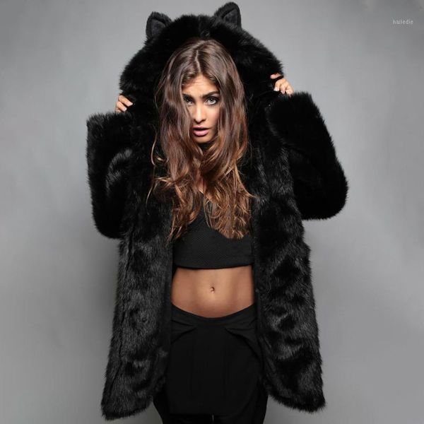 

elegant imitation fur coats women winter long sleeve outerwear fashion faux fur hooded coat warm jacket mujer#11261, Black