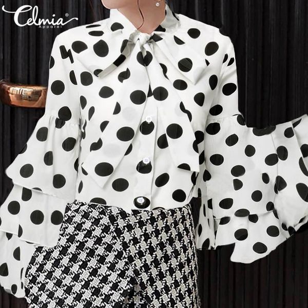 

women's blouses & shirts plus size 2021 celmia fashion white polka dot blouse women autumn long sleeve bow tie casual elegant ruffled