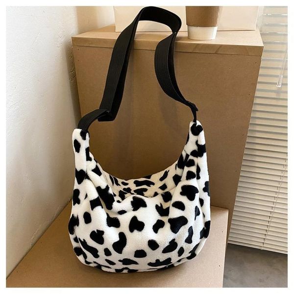 

cross body cute milk cow pattern plush shoulder bags for women 2021 fashion winter armpit pouch casual soft warm fluffy handbag totes
