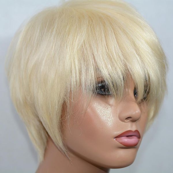 

vancehair 613 blonde full machine human hair wigs short human hair pixie cut layered bob wigs, Black;brown