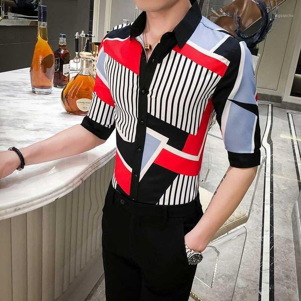 

gzdeerax summer mens shirts luxury irregularity geometric printed half sleeve mens dress shirts fashion slim casual male1, White;black