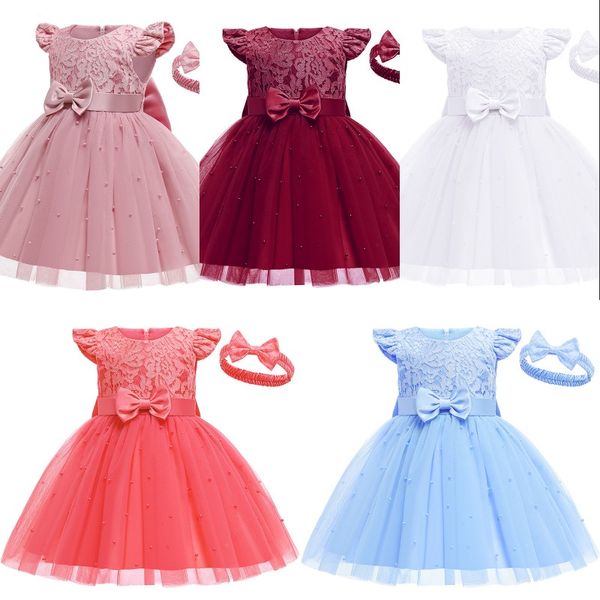 Neonate Abiti per l'estate Fiore Pizzo Abbigliamento Festa di nozze Vestito per bambini Perle Tulle Principessa Gonna per bambini 20220301 H1