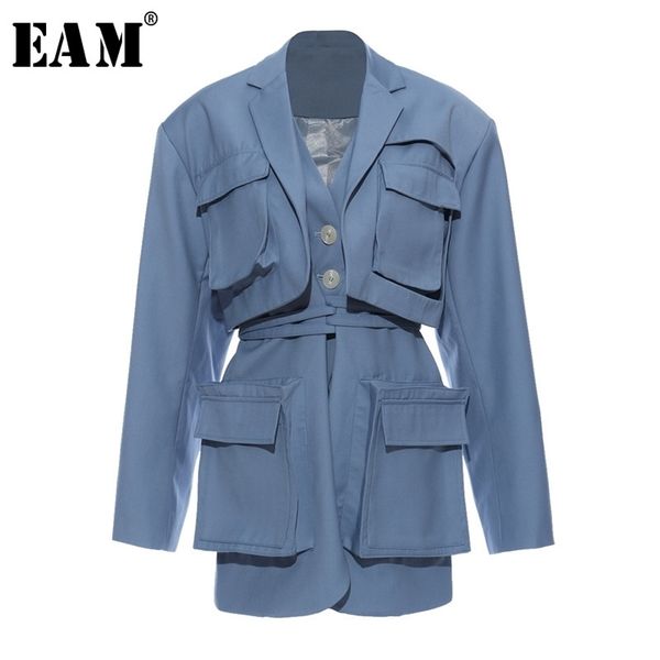 

[eam] women blue pocket split joint big size blazer new lapel long sleeve loose fit jacket fashion spring autumn 2020 lj200911, White;black