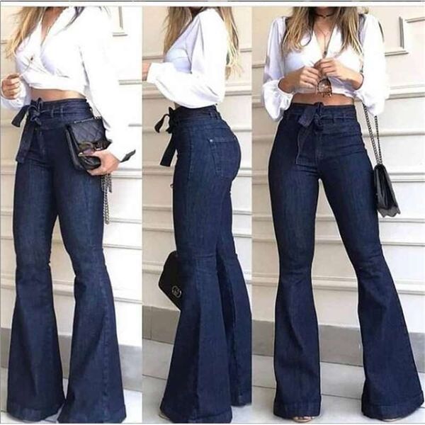 

2020 russian high waist micro elastic lace up wide leg women's jeans pants, Blue