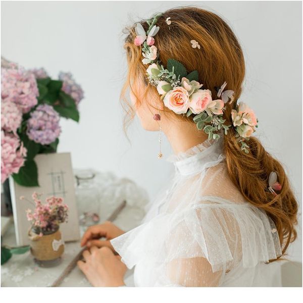 

2pcs/set rose flower wreath crown festival headband women hair accessories headdress floral garlands wedding floral qylgbb