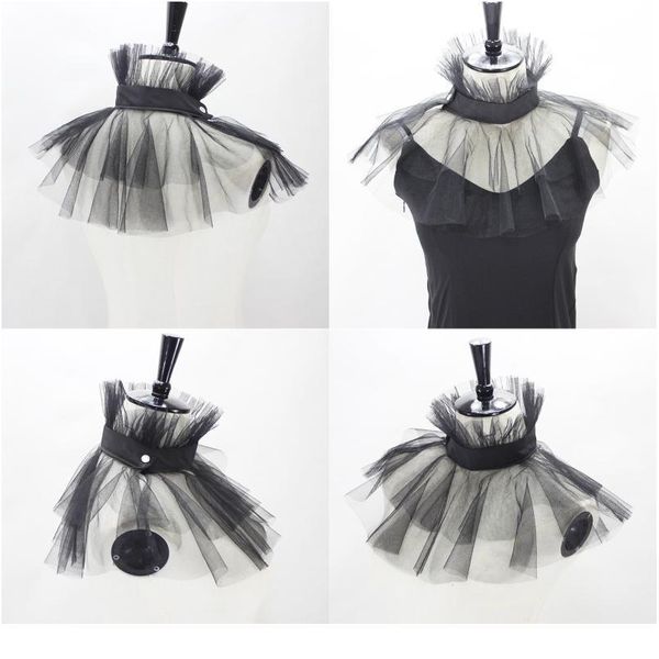 

women victorian mesh ruffled fake stand collar layered tulle button neck ruff clown choker shawl wrap cosplay jllczk, Blue;red